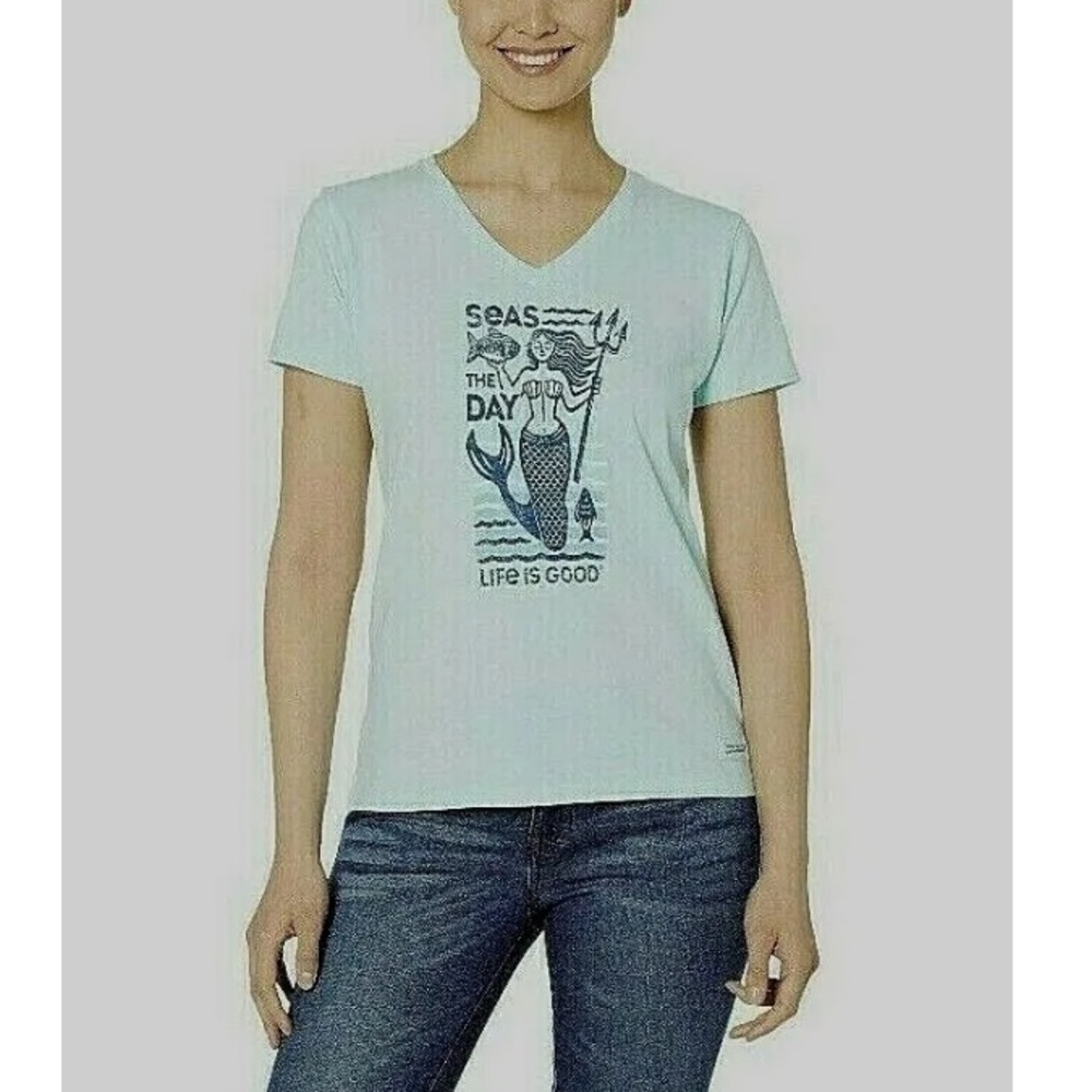 Life is Good Seas the Day Mermaid Women’s Crusher T-shirt, size medium